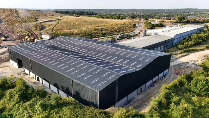 Aerial drone view of large steel warehouse in Ipswich UK