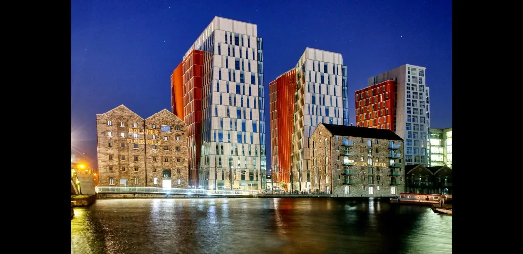 Bolands Mills Dublin Docklands night waterfront architecture