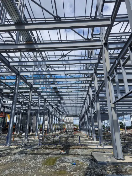 Steel frame warehouse under construction interior view
