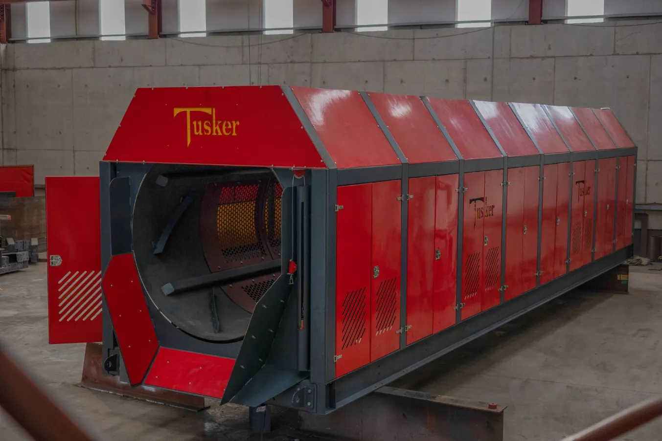 Tusker red trommel drum screen waste sorting machine in fabrication workshop